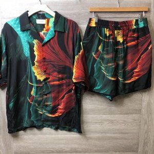 Taakk Mens Large Floral Printed Shirt Shorts Set